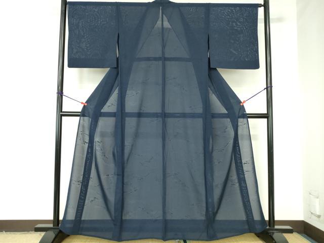 平和屋着物＊夏物　色無地　霞紋紗　濃藍色　正絹　逸品　DABH0239op