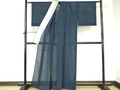 平和屋着物＊夏物　色無地　霞紋紗　濃藍色　正絹　逸品　DABH0239op