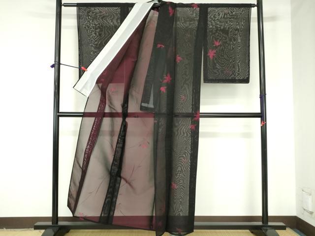 平和屋着物＊夏物　小紋　紗　舞花　黒地　正絹　逸品　未使用　DABH0243op
