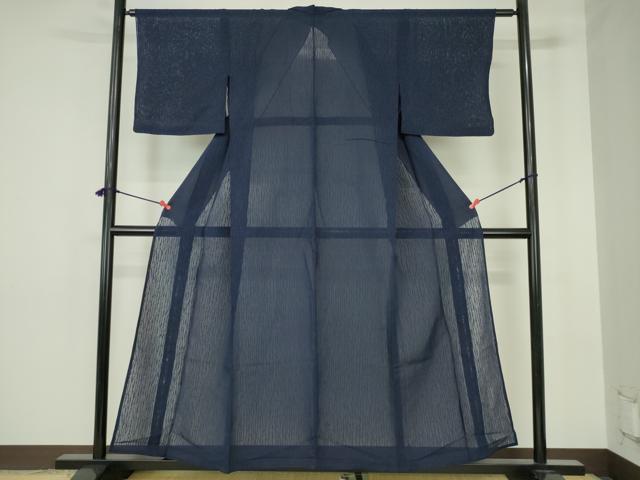 平和屋着物＊夏物　色無地　縞紋紗　濃藍色　正絹　逸品　DABH0244op