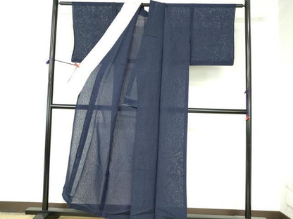 平和屋着物＊夏物　色無地　縞紋紗　濃藍色　正絹　逸品　DABH0244op