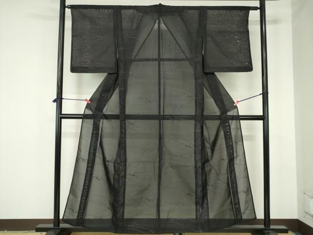 平和屋着物＊夏物　小紋　紗　露芝　黒地　正絹　逸品　DABH0245op