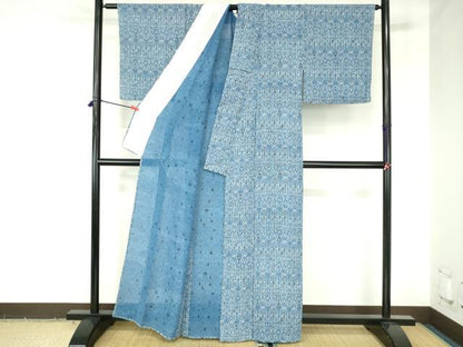 平和屋着物＊夏物　小紋　絽　藍　型染　抽象花文　正絹　逸品　DABH0253op