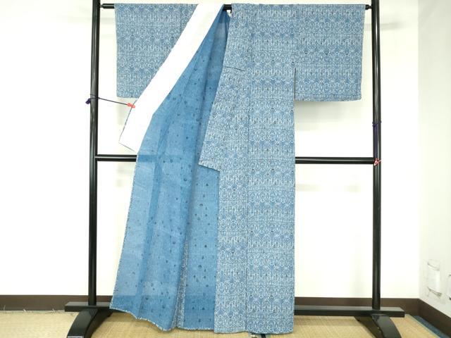 平和屋着物＊夏物　小紋　絽　藍　型染　抽象花文　正絹　逸品　DABH0253op