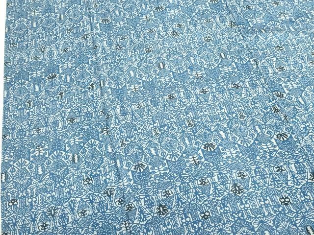 平和屋着物＊夏物　小紋　絽　藍　型染　抽象花文　正絹　逸品　DABH0253op