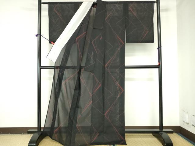 平和屋着物＊夏物　小紋　紗　幾何学文様　黒地　ロング丈　洗える着物　DABH0258op