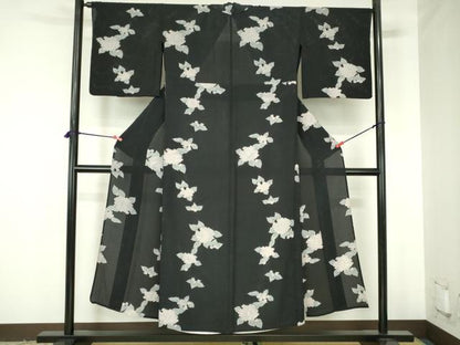 平和屋着物＊夏物　小紋　縦絽　紫陽花　アジサイ　黒地　正絹　逸品　DABH0262op