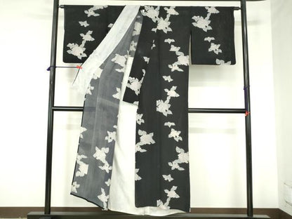 平和屋着物＊夏物　小紋　縦絽　紫陽花　アジサイ　黒地　正絹　逸品　DABH0262op