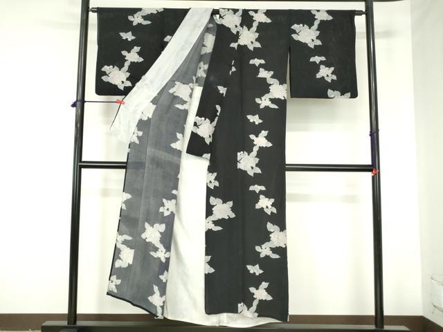 平和屋着物＊夏物　小紋　縦絽　紫陽花　アジサイ　黒地　正絹　逸品　DABH0262op