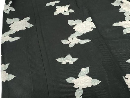 平和屋着物＊夏物　小紋　縦絽　紫陽花　アジサイ　黒地　正絹　逸品　DABH0262op