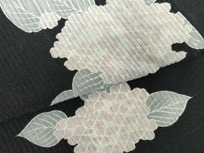 平和屋着物＊夏物　小紋　縦絽　紫陽花　アジサイ　黒地　正絹　逸品　DABH0262op