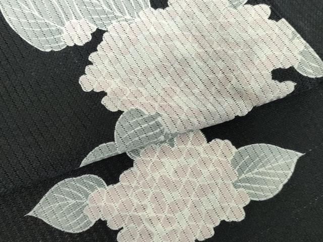 平和屋着物＊夏物　小紋　縦絽　紫陽花　アジサイ　黒地　正絹　逸品　DABH0262op