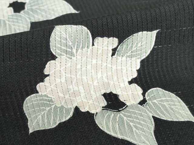 平和屋着物＊夏物　小紋　縦絽　紫陽花　アジサイ　黒地　正絹　逸品　DABH0262op