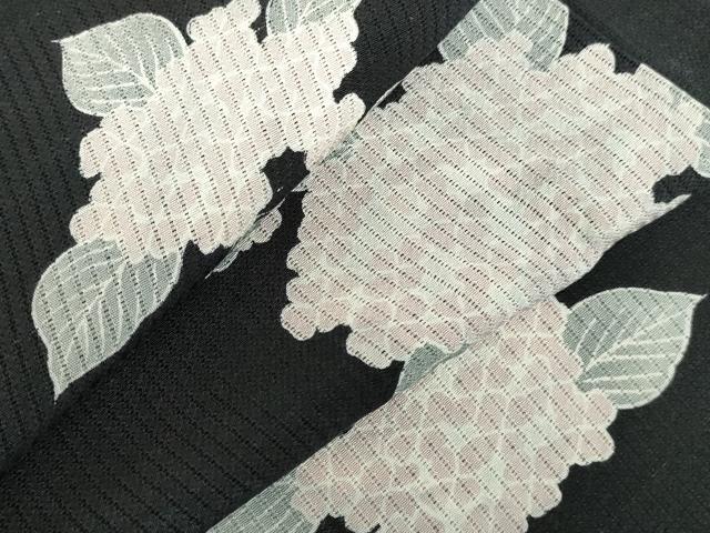 平和屋着物＊夏物　小紋　縦絽　紫陽花　アジサイ　黒地　正絹　逸品　DABH0262op