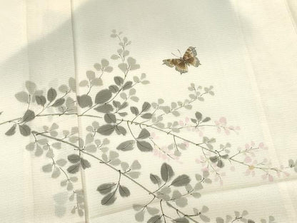 平和屋着物＊夏物　訪問着　絽　手描き　舞蝶花文　暈し染め　金彩　正絹　逸品　DABH0264op