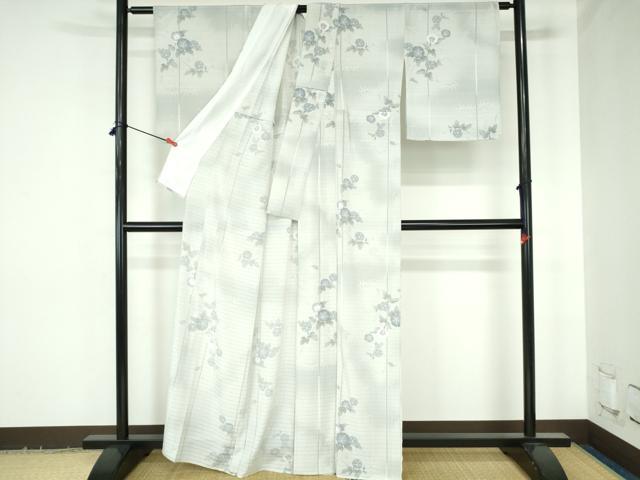 平和屋着物＊夏物　小紋　絽縮緬　朝顔　アサガオ　暈し染め　洗える着物　DABH0293op