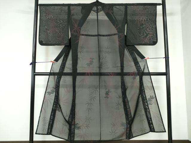 平和屋着物＊夏物　小紋　紗　笹の葉文　黒地　正絹　逸品　DABH0300op