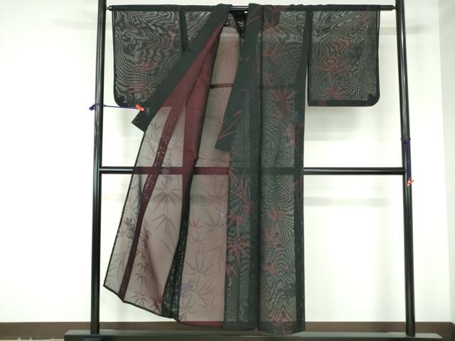 平和屋着物＊夏物　小紋　紗　笹の葉文　黒地　正絹　逸品　DABH0300op