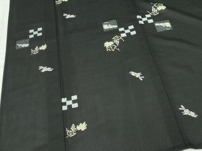 平和屋着物＊夏物　小紋　絽　葡萄蔦の葉文　跳び兎　黒地　反端付き　正絹　逸品　DABH0301op