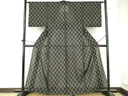 平和屋着物＊夏物　紗紬　市松　黒地　正絹　逸品　DABH0305op