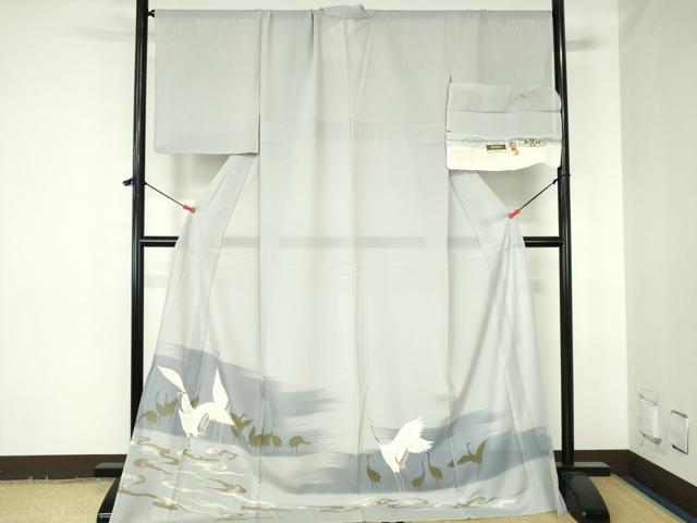 平和屋着物＊夏物　染匠　久保耕　色留訪問着　駒刺繍　群鶴　暈し染め　金彩　ロング丈　反端付き　正絹　逸品　DABH0307op