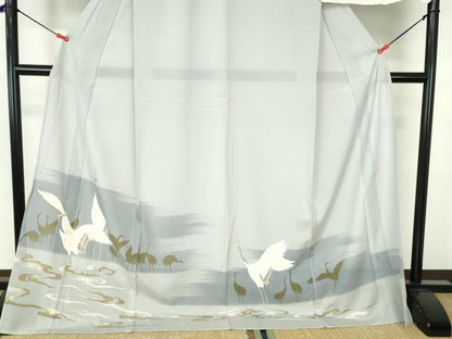 平和屋着物＊夏物　染匠　久保耕　色留訪問着　駒刺繍　群鶴　暈し染め　金彩　ロング丈　反端付き　正絹　逸品　DABH0307op
