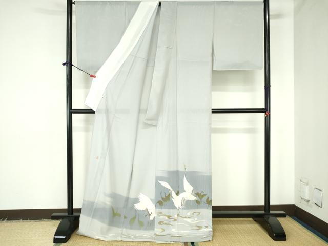 平和屋着物＊夏物　染匠　久保耕　色留訪問着　駒刺繍　群鶴　暈し染め　金彩　ロング丈　反端付き　正絹　逸品　DABH0307op