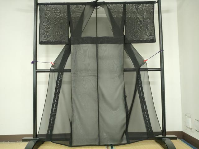 平和屋着物＊夏物　小紋　二重紗　間道　黒地　正絹　逸品　DABH0309op
