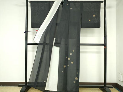 平和屋着物＊夏物　紗紬　訪問着　花丸文　黒地　金彩　正絹　逸品　DABH0312op