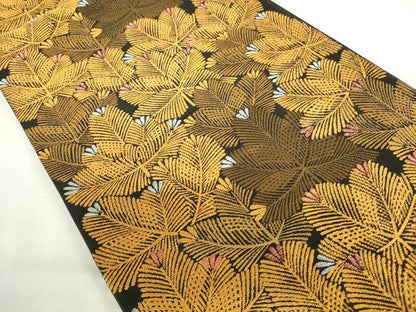 平和屋本店▼六通柄袋帯　松葉文　純金二重箔　黒地　正絹　逸品　DABH0320op