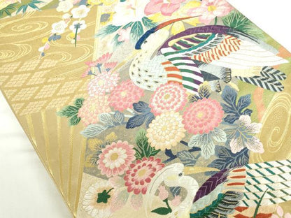 平和屋本店▼美しいキモノお馴染みのメーカー となみ織物 本加賀友禅作家 百貫華峰 六通柄袋帯 唐織 純金箔 証紙・共箱付き 逸品DABH0325op