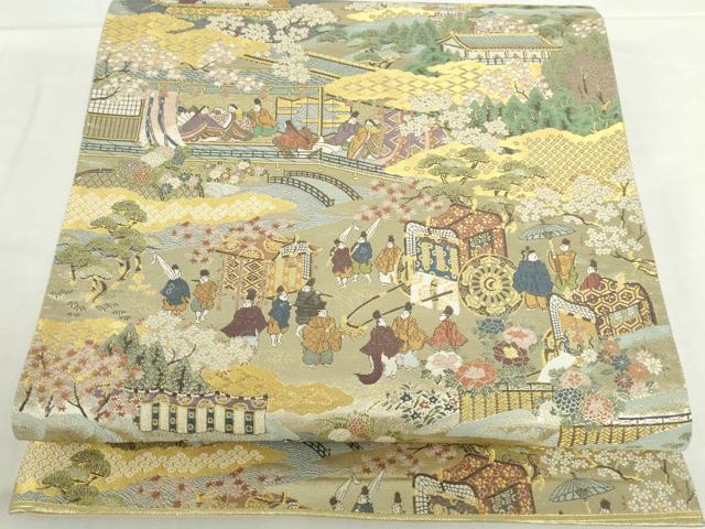 平和屋本店▼六通柄袋帯　御所車人物花文　本金二重箔　正絹　逸品　DABH0329op