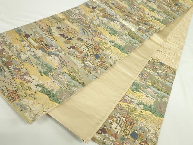 平和屋本店▼六通柄袋帯　御所車人物花文　本金二重箔　正絹　逸品　DABH0329op