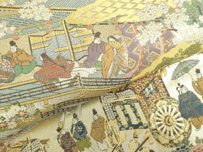 平和屋本店▼六通柄袋帯　御所車人物花文　本金二重箔　正絹　逸品　DABH0329op