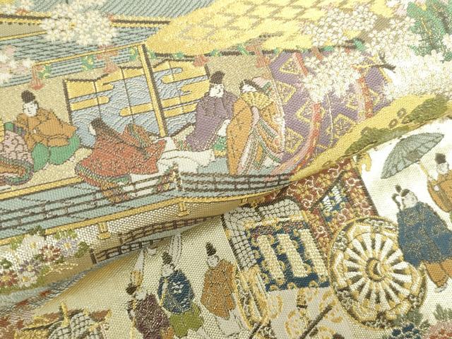 平和屋本店▼六通柄袋帯　御所車人物花文　本金二重箔　正絹　逸品　DABH0329op