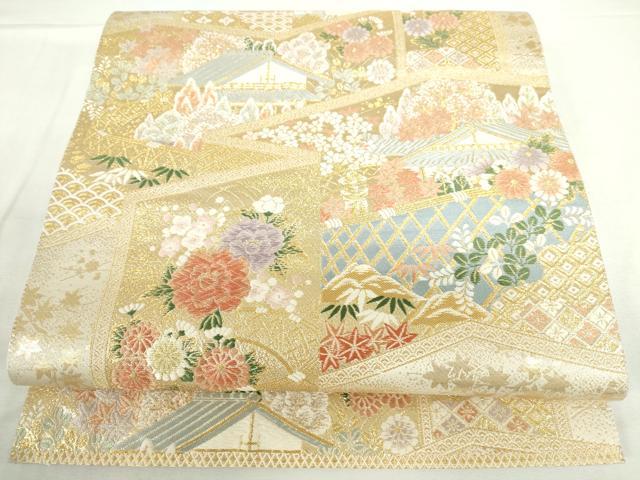 平和屋本店▼六通柄袋帯　唐織　屏風風景花文　九百　本金箔　正絹　逸品　DABH0332op