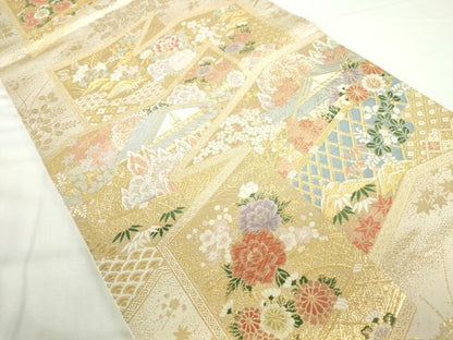 平和屋本店▼六通柄袋帯　唐織　屏風風景花文　九百　本金箔　正絹　逸品　DABH0332op