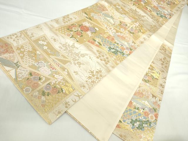 平和屋本店▼六通柄袋帯　唐織　屏風風景花文　九百　本金箔　正絹　逸品　DABH0332op
