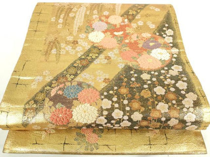 平和屋着物▼六通柄袋帯　唐織　槍梅蒔絵花丸紋　耀金　正絹　逸品　DABH0339op