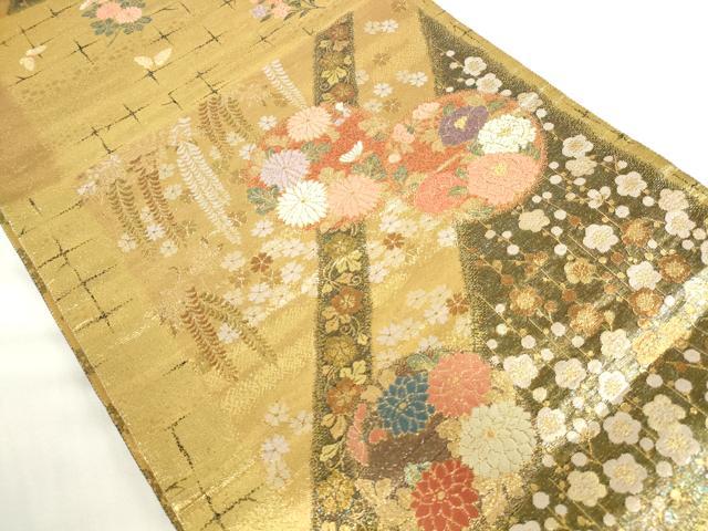 平和屋着物▼六通柄袋帯　唐織　槍梅蒔絵花丸紋　耀金　正絹　逸品　DABH0339op