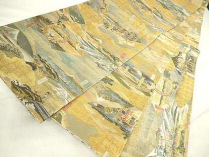 平和屋着物▼極上　西陣あさぎ　丸帯　地紙立波風景花文　本金プラチナ二重箔　正絹　逸品　DABH0346op