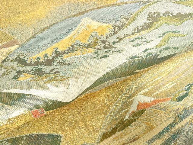 平和屋着物▼極上　西陣あさぎ　丸帯　地紙立波風景花文　本金プラチナ二重箔　正絹　逸品　DABH0346op
