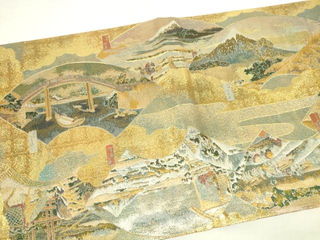 平和屋着物▼極上　西陣あさぎ　丸帯　地紙立波風景花文　本金プラチナ二重箔　正絹　逸品　DABH0346op