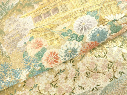 平和屋本店▼六通柄袋帯　唐織　京名所金閣　本金箔　正絹　逸品　DABH0351op
