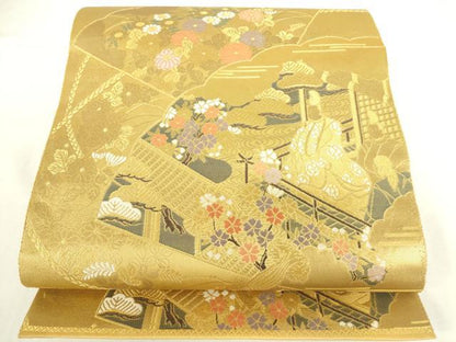 平和屋本店▼六通柄袋帯　源氏扇絵巻文　純金二重箔　正絹　逸品　DABH0355op