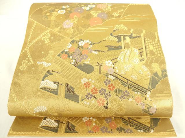 平和屋本店▼六通柄袋帯　源氏扇絵巻文　純金二重箔　正絹　逸品　DABH0355op
