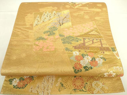 平和屋本店▼六通柄袋帯　色紙風景花文　純金箔二重織　正絹　逸品　DABH0356op