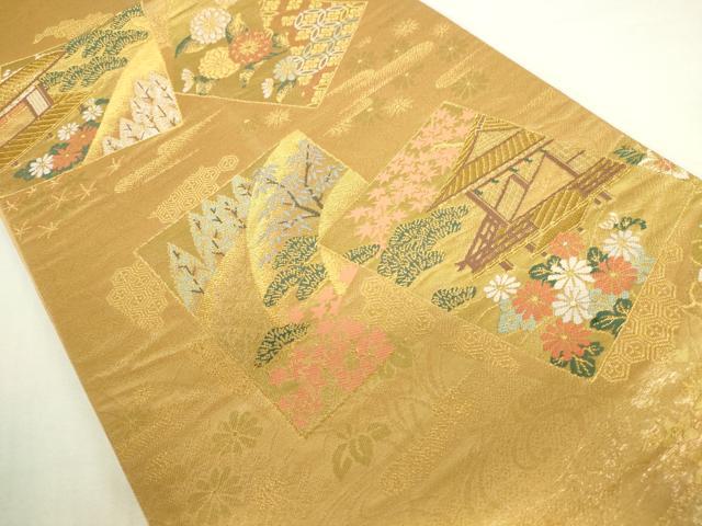 平和屋本店▼六通柄袋帯　色紙風景花文　純金箔二重織　正絹　逸品　DABH0356op