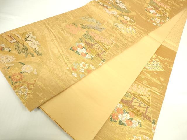 平和屋本店▼六通柄袋帯　色紙風景花文　純金箔二重織　正絹　逸品　DABH0356op