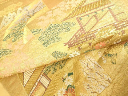 平和屋本店▼六通柄袋帯　色紙風景花文　純金箔二重織　正絹　逸品　DABH0356op